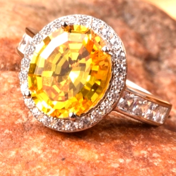 Citrine LS Swarovski Baguette Crystals Platinum Silver HalocRing - Picture 16 of 16